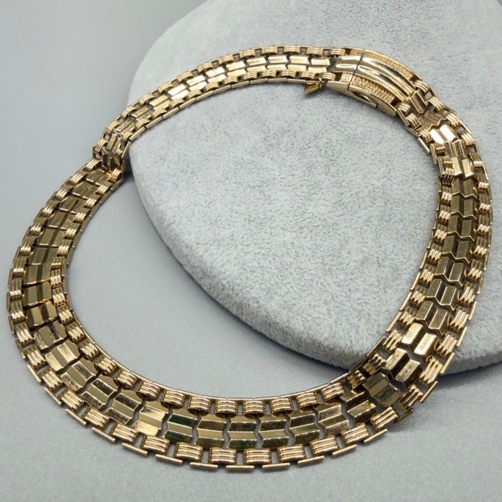 VTG Sarah Coventry Gold Tone Panther Link Choker Necklace 15" Egyptian Revival